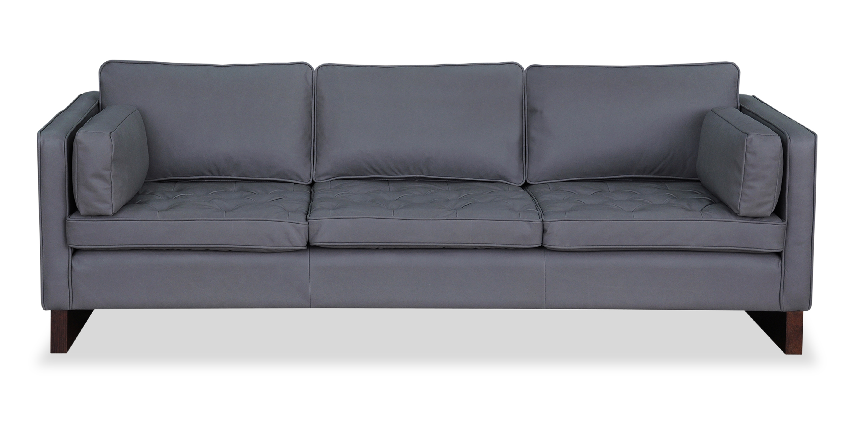 Wexler Stone Grey Leather sofa has three removable tufted seat cushions and three removable smooth back cushions. Each arm has rectangle cushions for added comfort to the low profile arms. The sofa legs are two long wood planks on each end of the sofa, leaving the center fully open.  