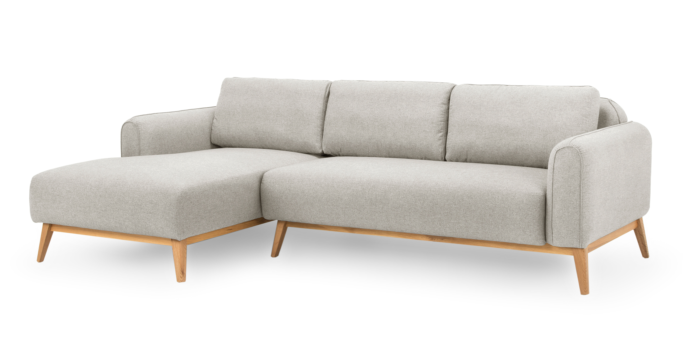 Stone Metro 4 sectional have full stuffed sofa appearance cushion. The arms, back, and seat cushions are affixed and 100% upholstery. Feel is modern and fun. The frame is exposed wood with slanted legs. 