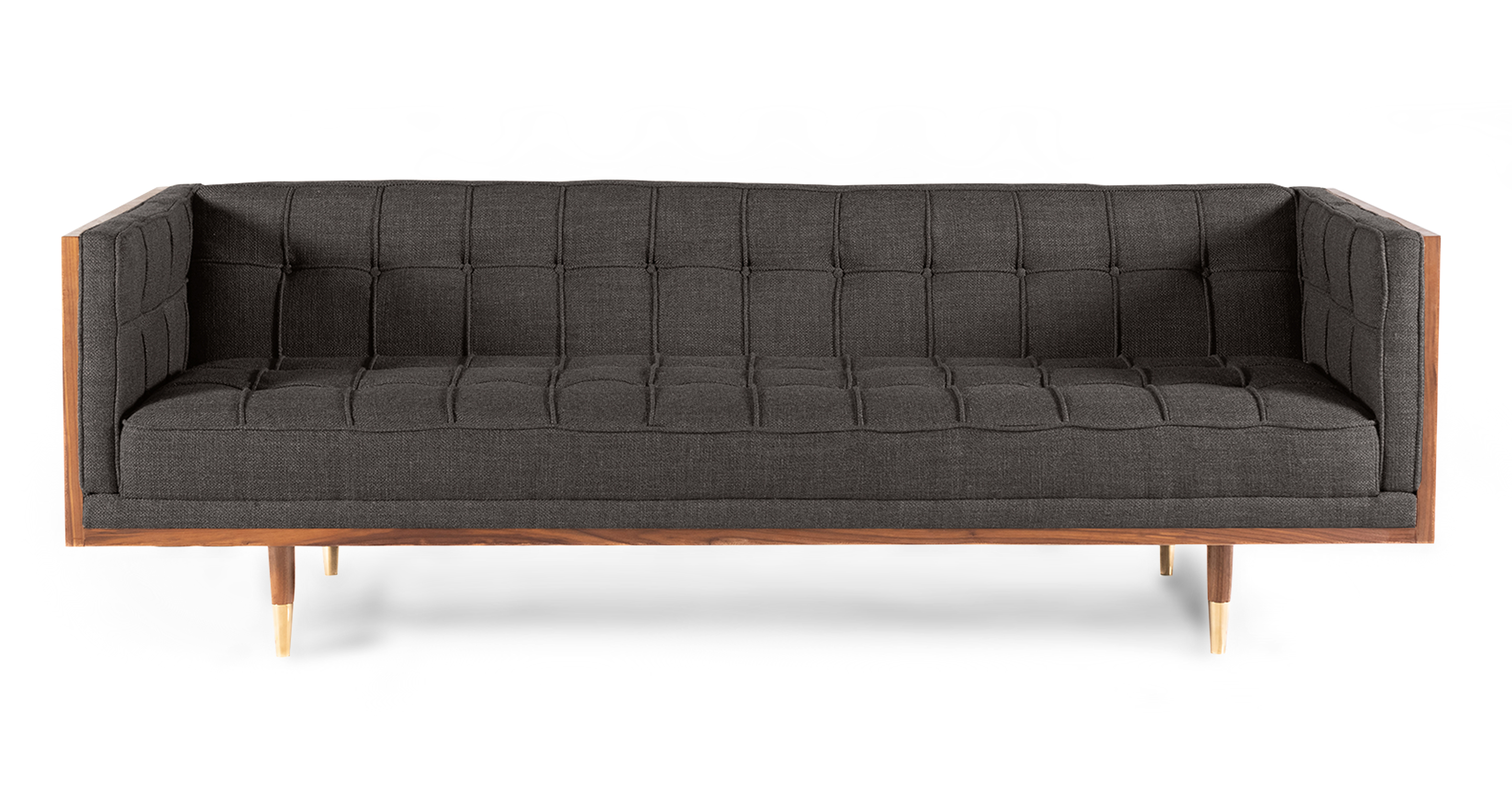 Woodrow 3 Seat Sofa in Dior Grey Woven Fabric has fixed seat and back cushions. There is button tufting on the back cushion, sides of the sofa and on the seat cushions. The frame and legs are walnut colored. The legs have brass colored ferrules on the ends. The back and outsides of the sectional are wooden. The fabric color is dark grey.