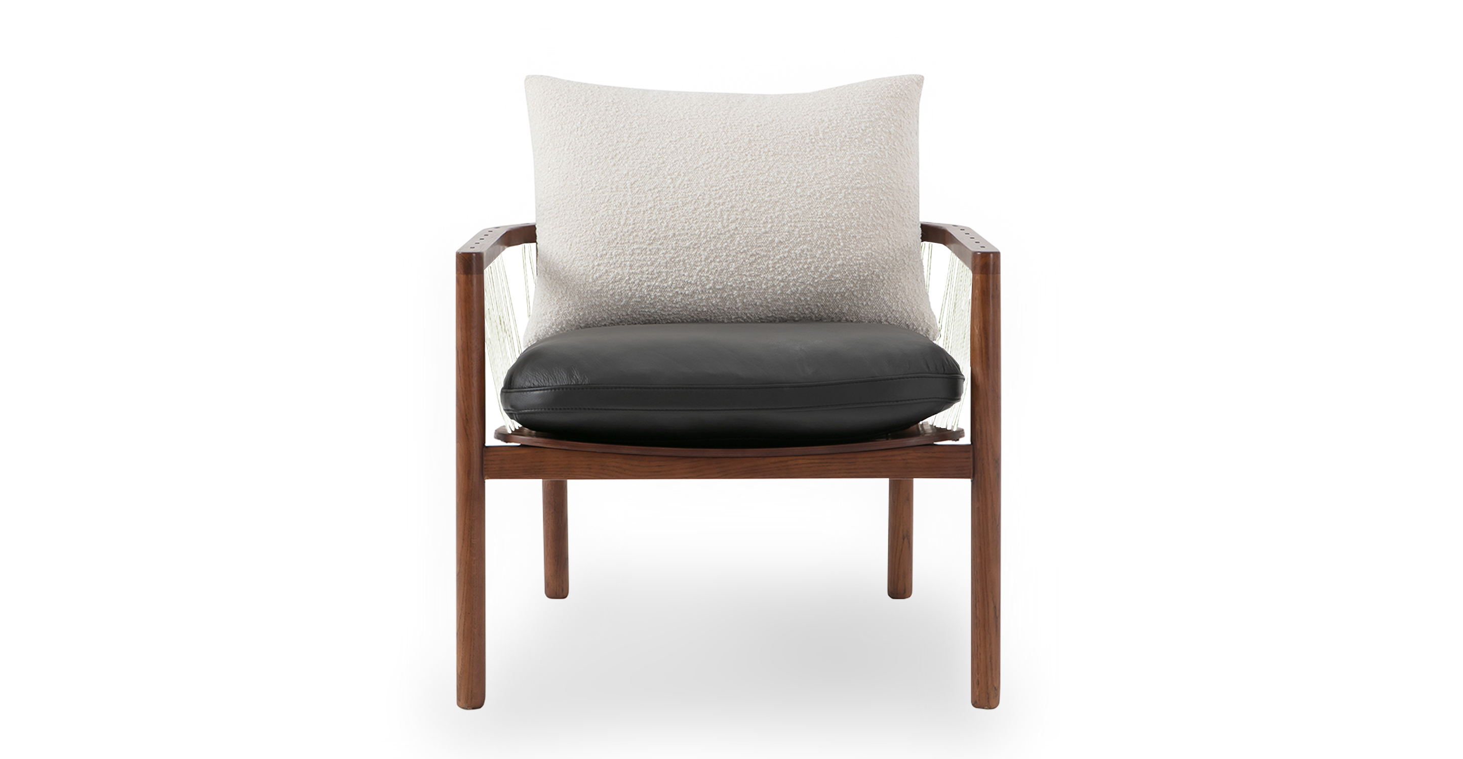 Hatch is a Walnut wood side chair. Open arms and back enclosed with white cord in a V shape. Seat cushion is removable and black leather and back cushion is removable blanc white fabric.