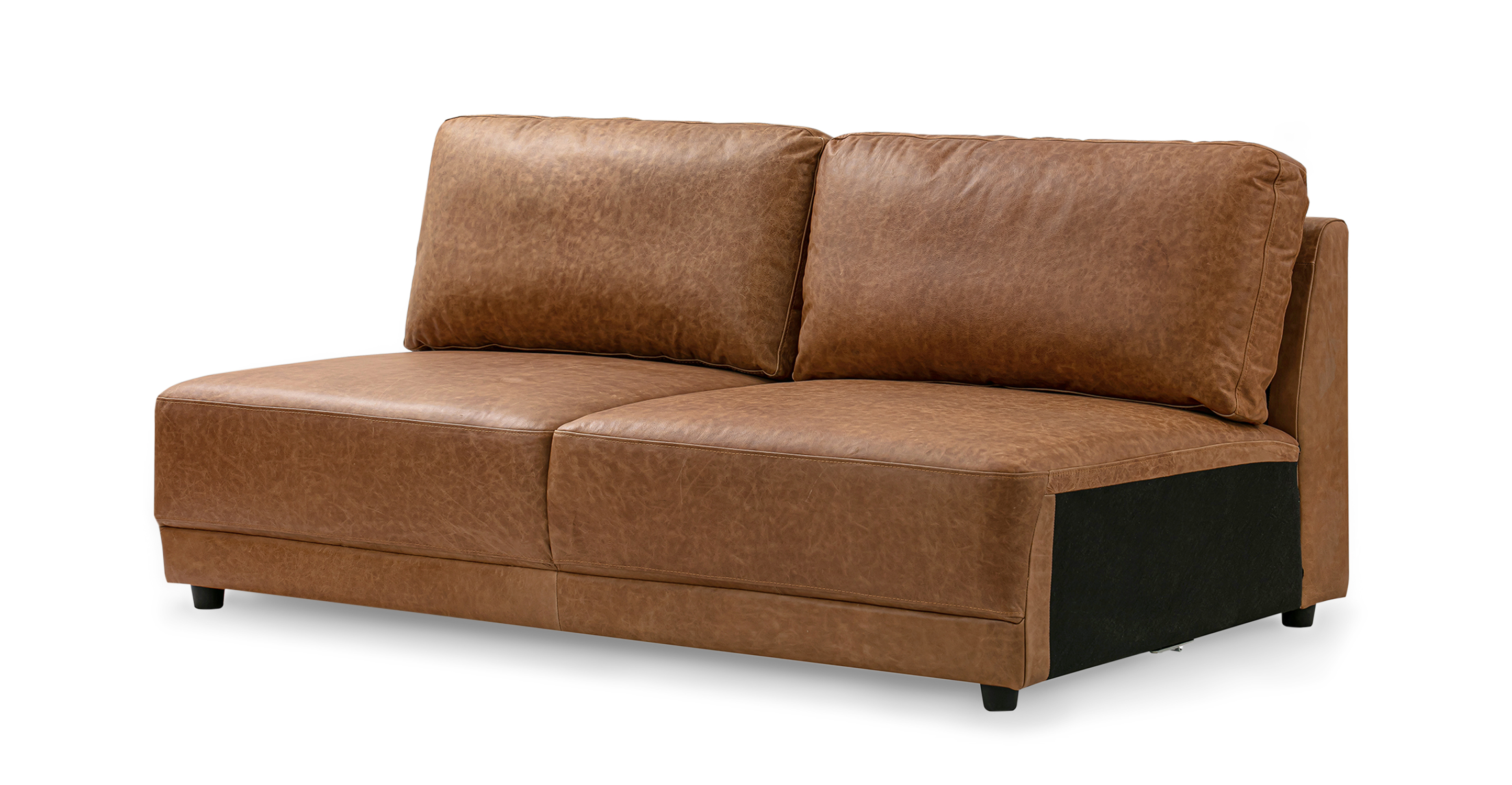 Chestnut Domus armless sofa, has two fixed large seat cushions. There are two back cushions and two throw cushions. The sofa is floor based and 100% upholstered. This item can be used alone or added as part of the Domus series. The style is modern and minimalist.