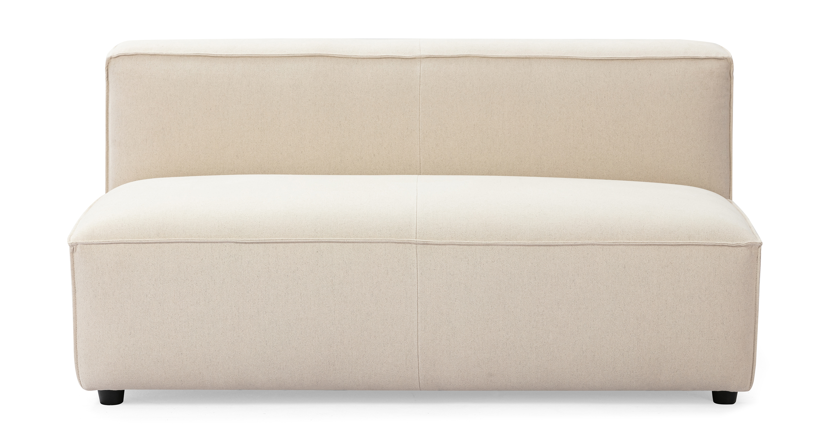 Soho Canvas armless love seat is a low profile love seat mounted to short black legs. The base of the love seat is a large once piece cushion. Mounted to the back of the love seat is a rectangle one piece back. The cushions having piping along the edge and a center stitching seam. This item can stand alone or be a part of the modular series where more pieces can be added.